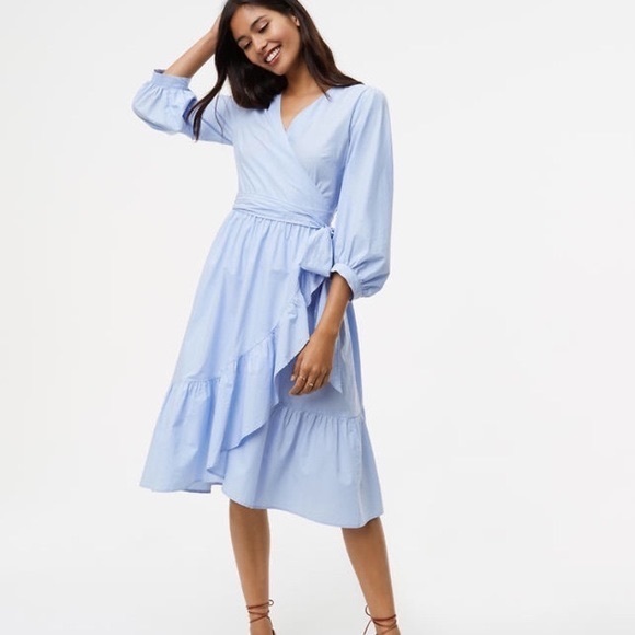 LOFT Dresses & Skirts - LOFT Ruffle Blue and White Striped Wrap Dress